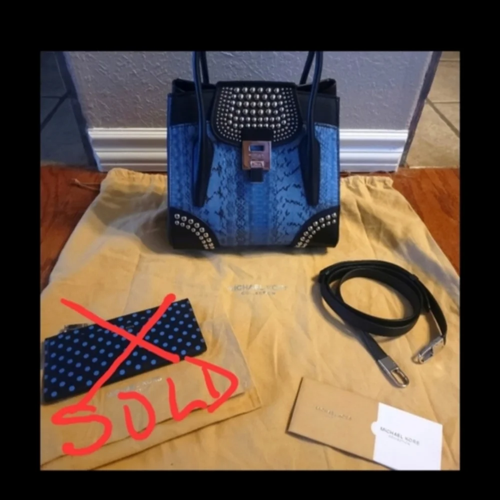 Michael Kors Collection Blue and Black Studded Python-Print Leather Satchel - Picture 9 of 9